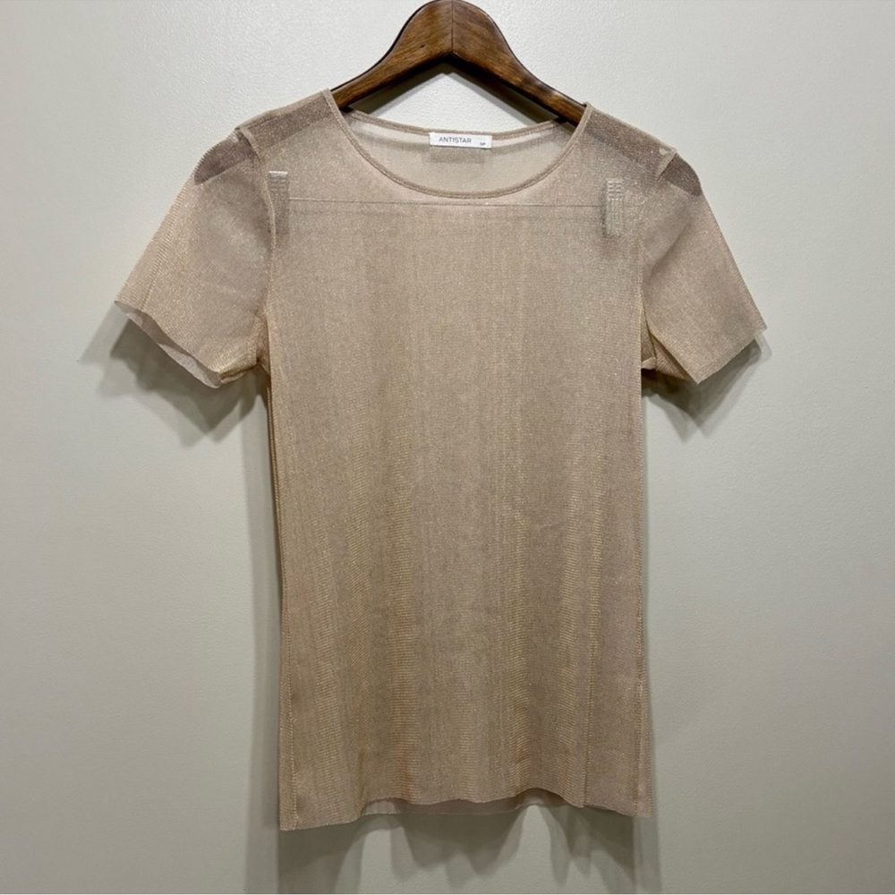 Antistar Sheer Glitter Sparkle Mesh Lightweight Short Sleeve Tee Shirt Top Gold
